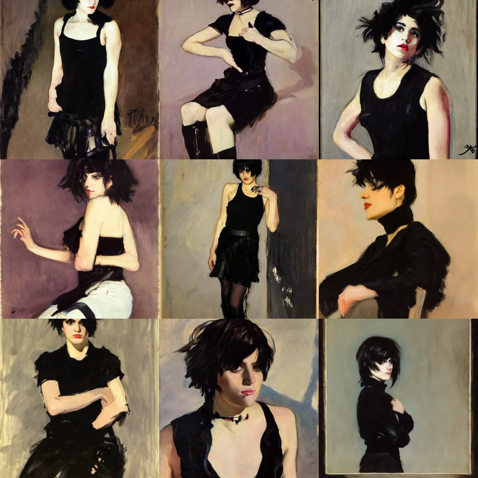 Prompt: an emo by joaquin sorolla. her hair is dark brown and cut into a short, messy pixie cut. she has large entirely - black eyes. she is wearing a black tank top, a black leather jacket, a black knee - length skirt, a black choker, and black leather boots.