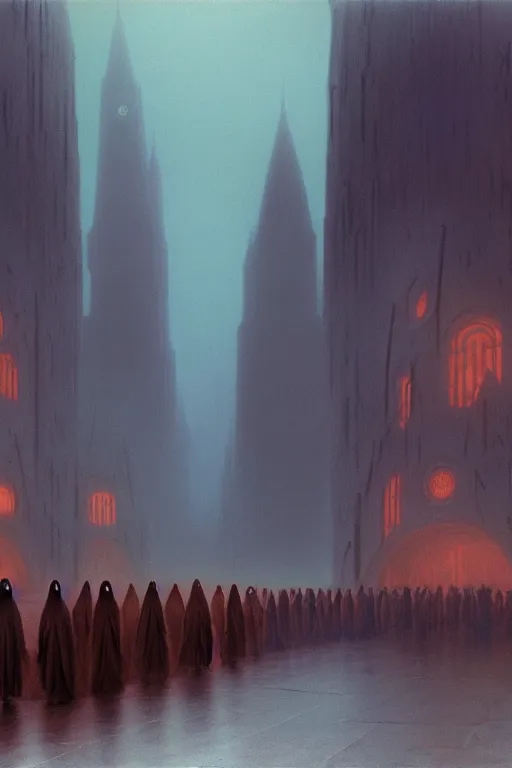 Image similar to emissary a line of people in hooded outfits holding lights walking into a large city on the planet dathomir by arthur haas and bruce pennington and john schoenherr, cinematic matte painting, 8 k, dark color palate