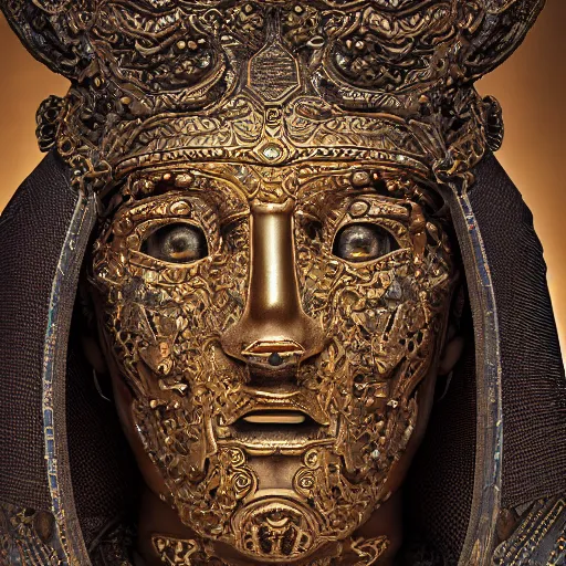 Image similar to an intricate photography portrait of a enigmatic terracota warrior soldier made of obsidian carving metal in a golden desert, extremely detailed, ornate, biomechanical, by wlop by jungyeonmin, james jean jhonseru jsezz, greg rutkowski, lens orbs, global illumination, japandi, hyperreal, micro details