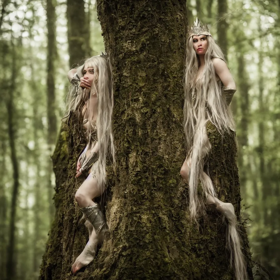 Image similar to A photo of a beautiful and dangerous Elven Queen in her forest; natural light; f/1.4; 90mm