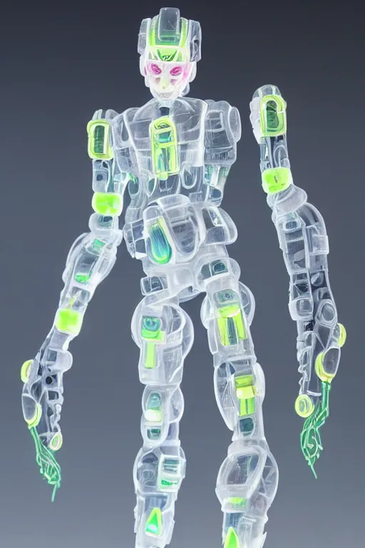 Prompt: a intricate anime figurine that looks like a transparent plastic robot with fluo colored details, fog all around, moody light