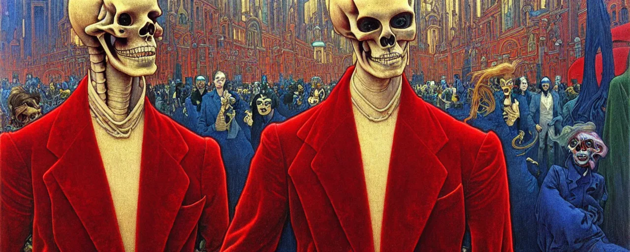 Image similar to realistic detailed closeup portrait painting of a single skeleton wearing red velvet blazer in a crowded futuristic moscow street by Jean Delville, Amano, Yves Tanguy, Alphonse Mucha, Ernst Haeckel, Edward Robert Hughes, Roger Dean, cinematic composition, dynamic pose, rich moody colours, blue eyes