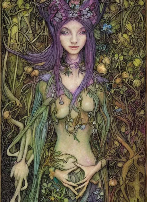 Prompt: junoesque fey queen, vine dress, glowing forest, strong line, eerie color, beautiful! coherent! by brian froud