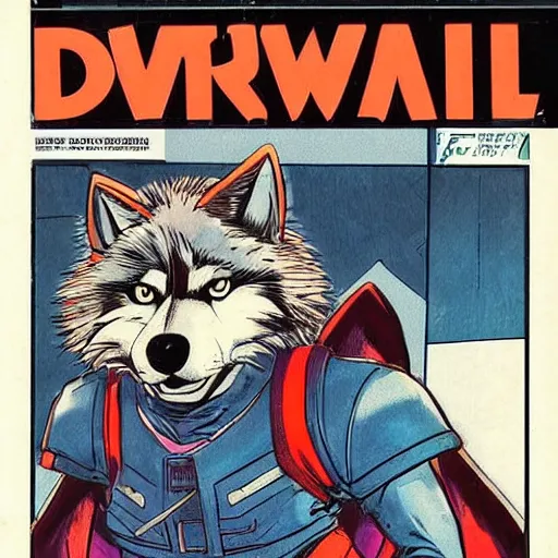 Image similar to 1 9 8 0 s comic book cover scan featuring a portrait of villain male wolf o'donnell anthropomorphic wolf furry fursona from starfox wearing a dark space mercenary uniform, dark grey wolf, handsome eyes, wolf o'donnell