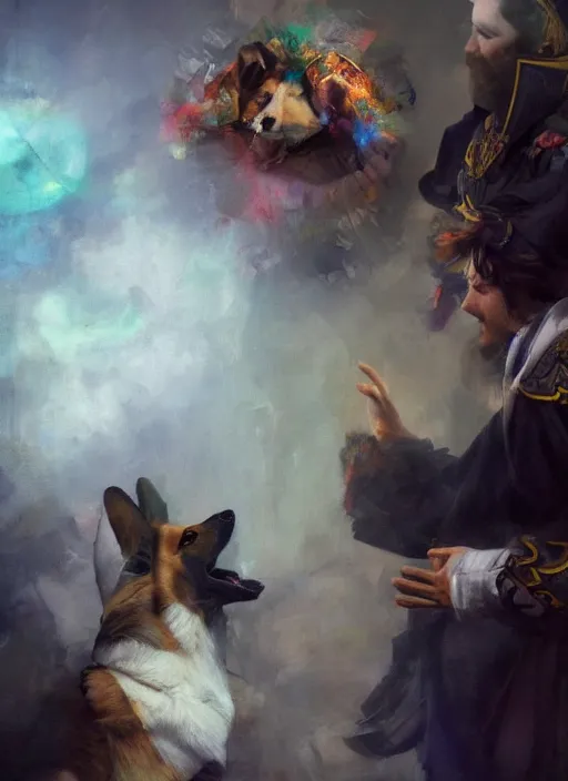 Prompt: beautiful fantasy painting of corgi magician blessing human, by Ruan Jia, Edwin Henry Landseer, Jake Parker. Trending on Artstation, 8k, masterpiece, graffiti paint, fine detail, full of color, intricate detail