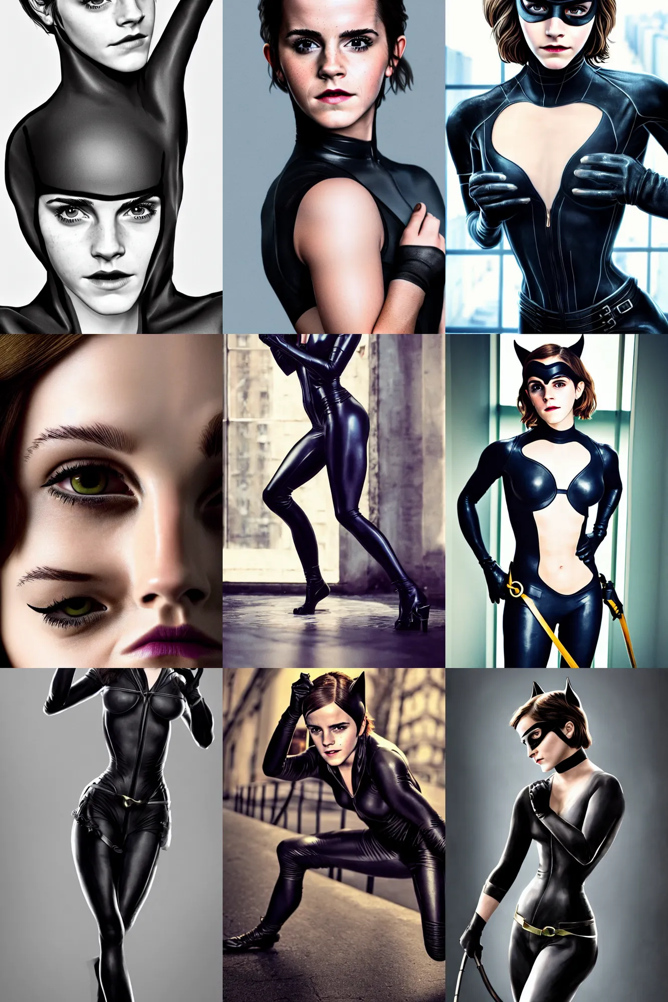 Prompt: emma watson as catwoman, full!! body! shot, perspective, colored, perfect eyes!!, by charlotte grimm, natural light, sharp focus, detailed face, canon eos c 3 0 0, ƒ 1. 8, 3 5 mm, 8 k, smooth, artstation