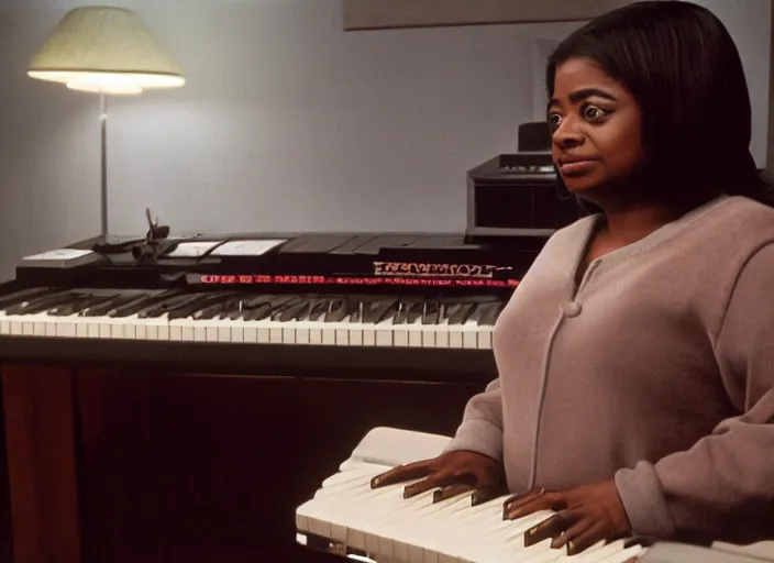 Image similar to cinematic shot of octavia spencer in an small used electronics store hands on an old electronic keyboard, iconic scene from the paranoid thriller sci fi film directed by stanley kubrick, anamorphic cinematography, beautiful composition, color theory, leading lines, photorealistic, volumetric lighting, hyper detailed 4 k image,