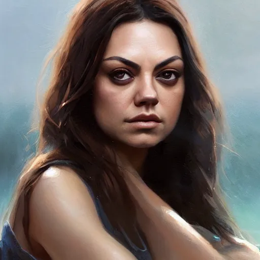 Image similar to a closeup portrait of a mila kunis, dramatic light, lake background, painted by stanley lau, painted by greg rutkowski, painted by stanley artgerm, digital art, trending on artstation