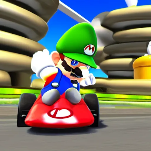 Prompt: Walter White in Mario Kart driving trailer car, game screenshot