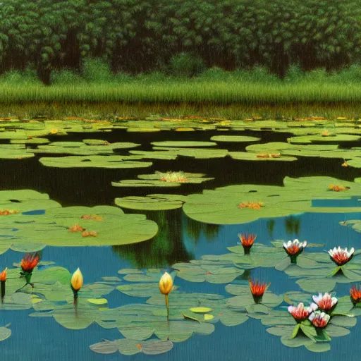 Prompt: a pond with water lillies in the forest, in the style of Rene Magritte,