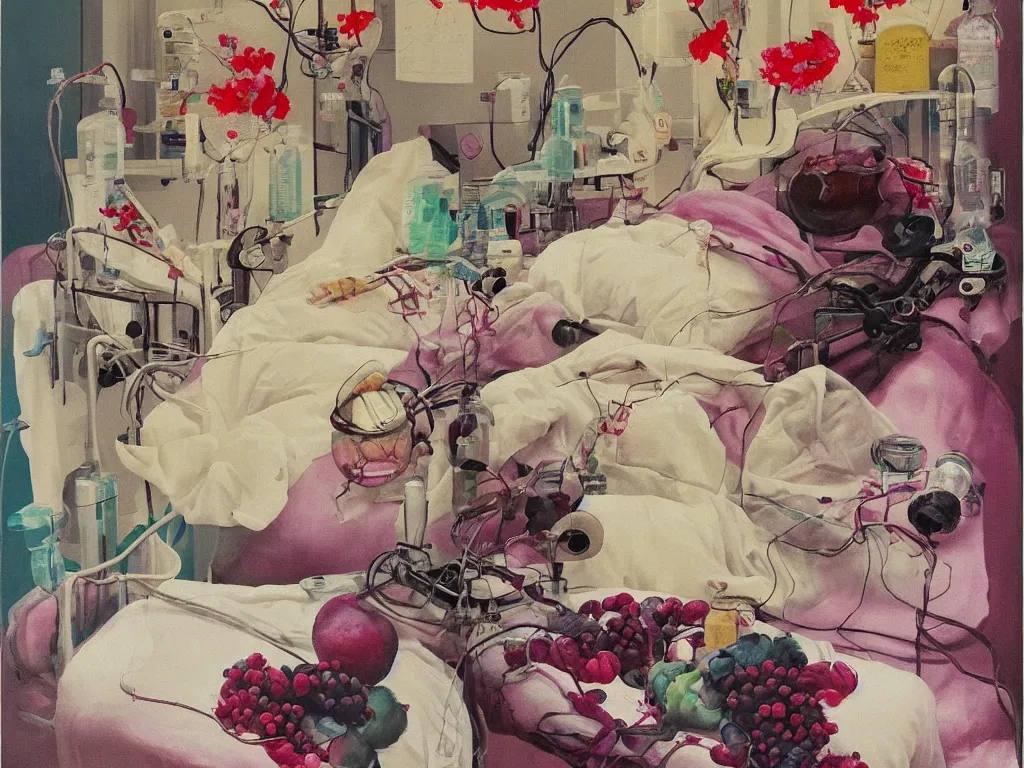 Prompt: portrait of a japanese old lady in a hospital bed, sensual, plum blossom, squashed berries dripping, octopus, scientific glassware, rotting fruit, wilted flowers, oxygen tank, candlelight, neo - impressionist, surrealism, acrylic and spray paint and oilstick on canvas