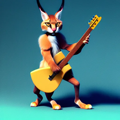 Image similar to cute fluffy caracal playing fluffy guitar, fully detailed, high quality , 4k , octane render , soft light , masterpiece