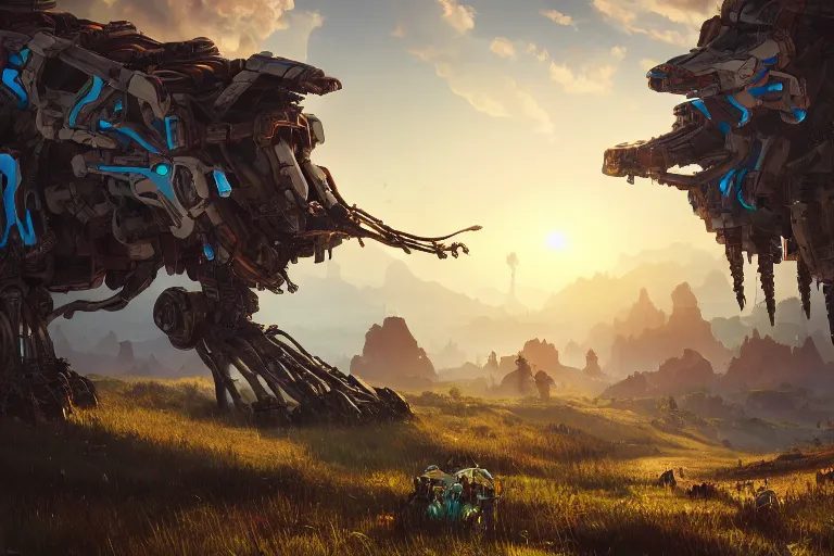 Image similar to tallneck machine mecanical creature robot of horizon forbidden west horizon zero dawn radiating a glowing aura global illumination ray tracing hdr fanart arstation by ian pesty and alena aenami artworks in 4 k