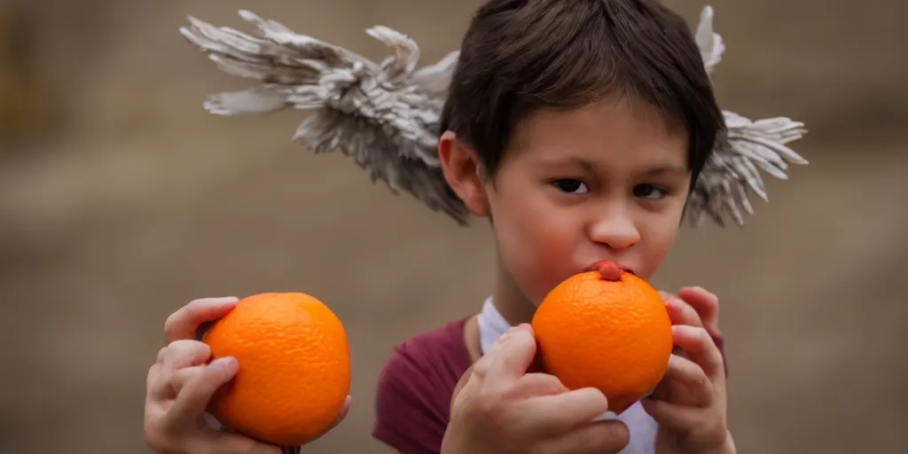 Image similar to angel eating an orange, sharp focus, clear, hd, 4 k