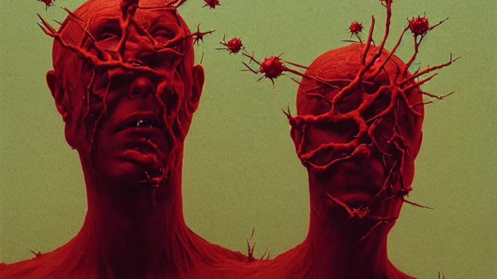 Prompt: the wax head breaches insanity on another level of existence, thorns cover the skin, film still from the movie directed by Denis Villeneuve with art direction by Zdzisław Beksiński, wide lense