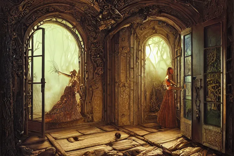 Image similar to large rustic intricately decorated wooden double door, metal handles, a view to a fantasy world, strong eerie back light, mist, fantasy art by james c christensen, norisyoshi ohrai, john hove