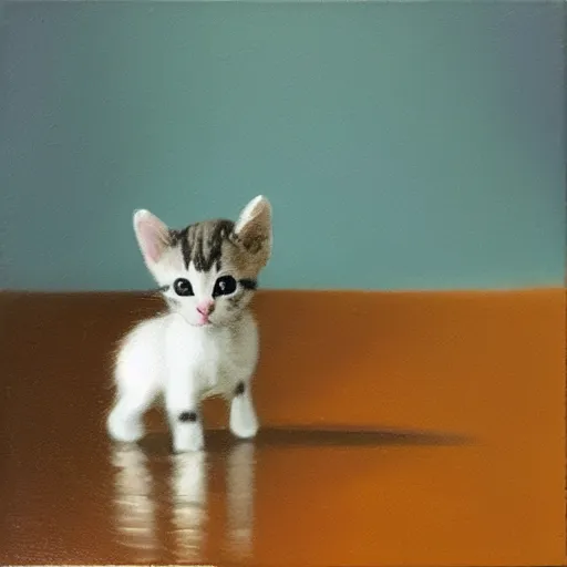 Prompt: a tiny kitten in the middle of a large floor with lots of negative space, oil painting