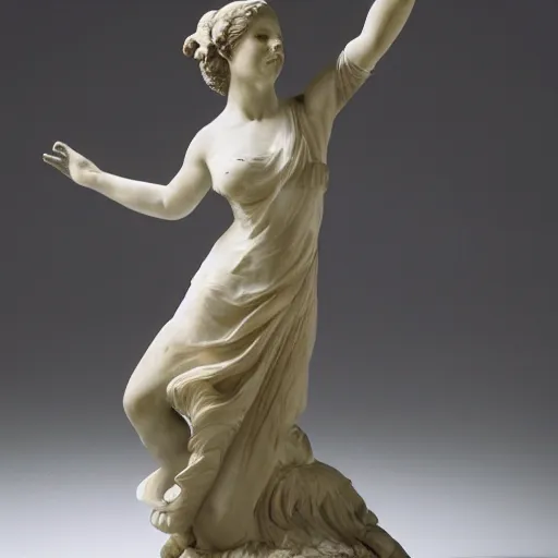 Prompt: a marble statue of a woman dancing, wearing a sweeping dress,
