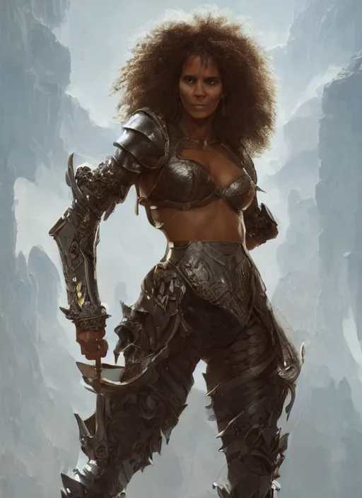 Prompt: portrait of halle berry as a legendary knight warrior, au naturel, hyper detailed, digital art, trending in artstation, cinematic lighting, studio quality, smooth render, unreal engine 5 rendered, octane rendered, art style by klimt and nixeu and ian sprigger and wlop and krenz cushart.