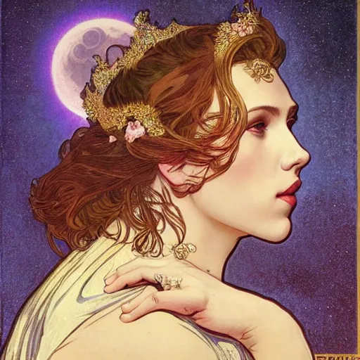 Image similar to scarlett johansson portrait by louis - theophile hingre and alphonse mucha, realistic, sharp focus, zodiac signs, tarot cards, planets, ethereal, art nouveau, magic, moon, sun, crown, dreamy, royal, jewellery