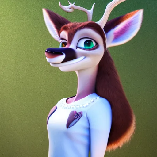 Image similar to portrait, 3 d render, anthropomorphic female deer, wearing along white dress, in the style of zootopia,