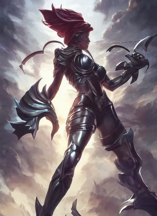 Image similar to poster!! beautiful new female character for league of legends, character concept art, action pose, illustration, full body armor, steel plating, huge weapon, super powers, athletic, symmetry, intricate design, shiny, highly detailed, hd, dramatic lighting, art by artgerm and greg rutkowski