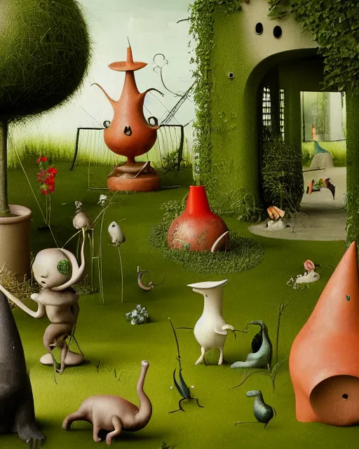 Image similar to Lush garden with quirky creatures painted by Hieronymus Bosch. Octane render