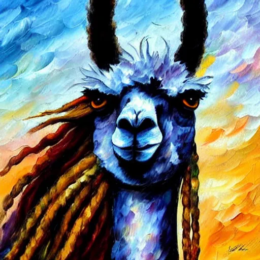 Image similar to llama with dreadlocks, heroic pose, by Leonid Afremov