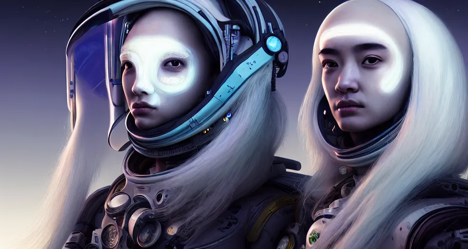 Image similar to portrait of yael shelbia and kang seul - gi, venus squid astronaut, symetrical facial, white hair, intricate design details. cyberpunk, touareg, by ruan jia and weldon casey. smooth gradients, deep space.