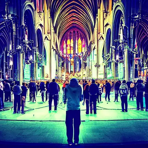 Image similar to “ a crowd of cyborgs praying to a bio - mechanical eldritch god inside a cathedral, futuristic, gothic, cyberpunk, lovecraftian, neon colors, geometric patterns, expressionist ”