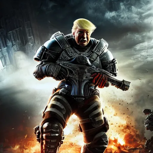 Image similar to Photo portrait of Donald Trump as Crusader!! in Gears of War, splash art, movie still, detailed face, photorealistic facial features, cinematic lighting, dramatic, octane render, long lens, shallow depth of field, bokeh, anamorphic lens flare, 8k, hyper detailed, 35mm film grain