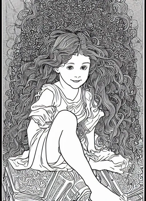 Prompt: clean simple line art of a little girl with wavy curly hair sitting on a tall pile of books. well composed, clean coloring book page, beautiful detailed face. coloring book line art by greg rutkowski and johanna basford and alphonse mucha
