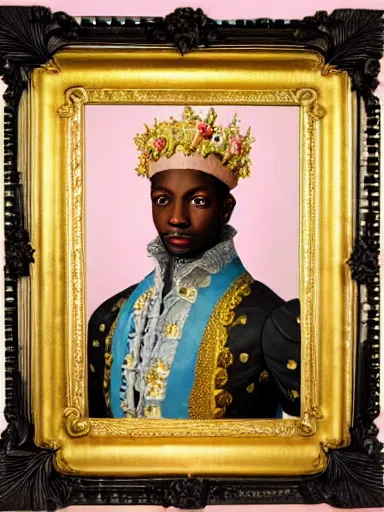 Prompt: rococo portrait of a black prince wearing a golden crown with pastel flowers, highly detailed, symmetrical, realistic, 8 k, digital painting, art by krenz cushart, kehinde wiley, artem demura