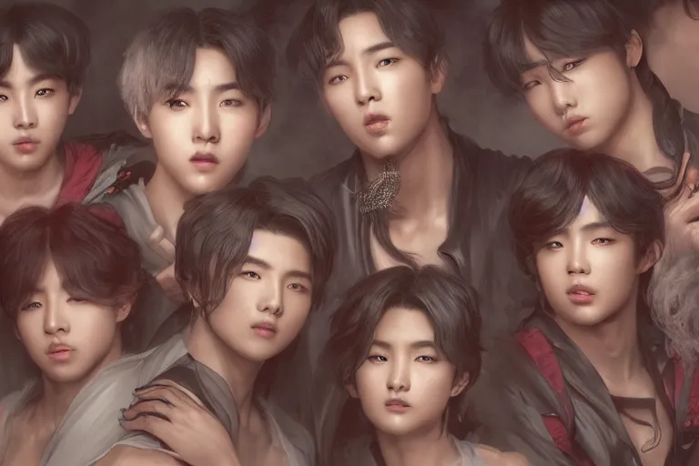 Image similar to an ultra detailed matte portrait of the bts singers in a baroque style, 8 k, volumetric lighting, smooth, highly detailed, digital illustration, art by greg rutkowski and akira toriyama and artgerm