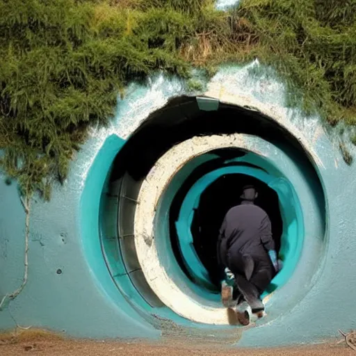 Prompt: only in teal a man runs into a dark hole