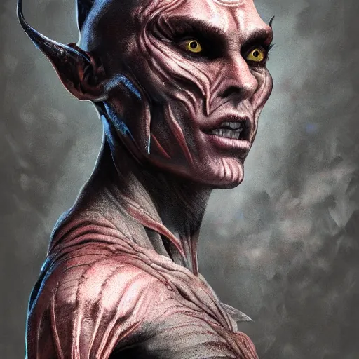 Image similar to hyperrealistic mixed media image of demon daedric prince from skyrim, dark complexion, stunning 3 d render inspired art by greg rutkowski and xiang duan and thomas eakes, perfect facial symmetry, flesh texture, realistic, highly detailed attributes and atmosphere, dim volumetric cinematic lighting, 8 k octane detailed render, post - processing, masterpiece,