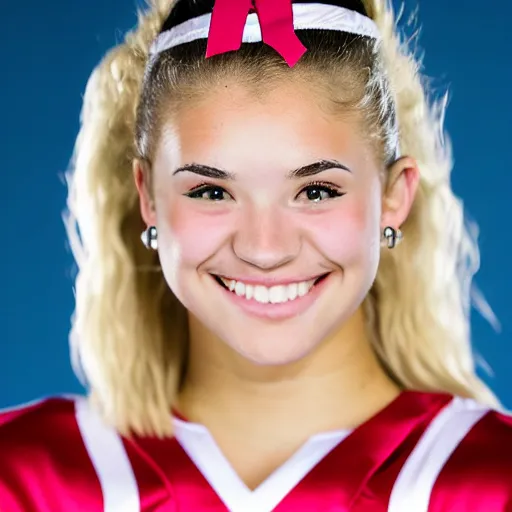 Image similar to a portrait photograph of a cute, spirited, over - achiever, 1 8 year - old american high school cheerleader. portrait canon 8 5 mm f 1. 2 photograph head and shoulders portrait