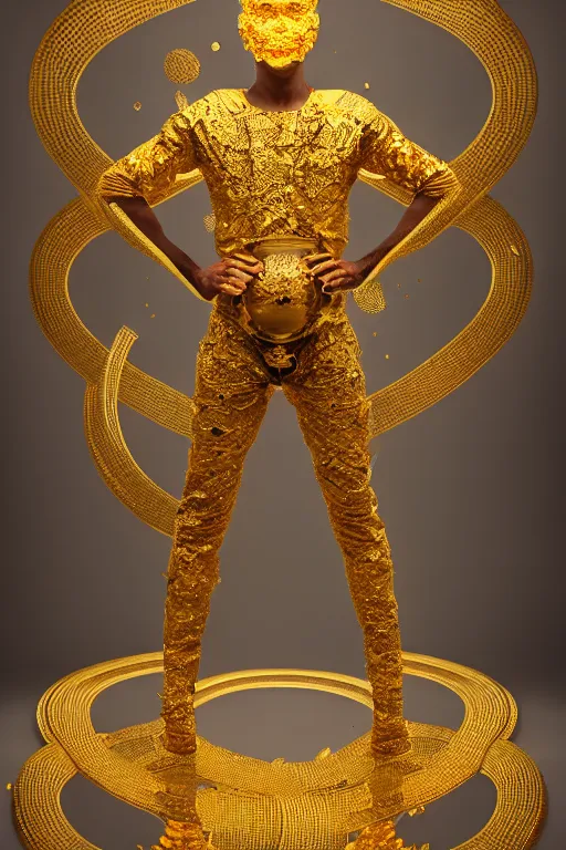 Prompt: god of mutually assured destruction, wearing organic ceramic fractal outfit with gold ornametrics, luxury materials, symmetrical, cinematic, elegant, professional studio light, real dlsr photography, sharp focus, 4 k, ultra hd, sense of awe, high fashion