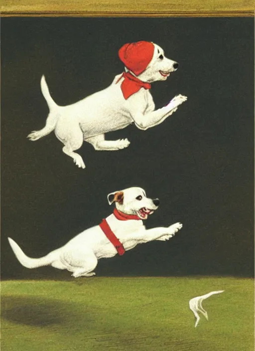 Image similar to jack russel terrier jumping from the ground over a red ball, illustrated by peggy fortnum and beatrix potter and sir john tenniel
