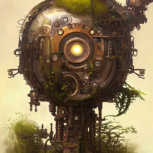 Image similar to a ultradetailed beautiful concept art of the core of a intricate steampunk machine where vegetation have start to peacefully grow in harmony with the machine, dynamic lighting, cinematic lighting, concept art, high resolution 4 k, by tom bagshaw, greg rutkowski, charli bowater and artgeem