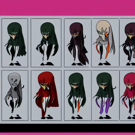 Image similar to various character sheets with character designs for a character with a squid for a head wearing a long vampire cape made from dark wispy smoke made as an enemy in Splatoon by nintendo