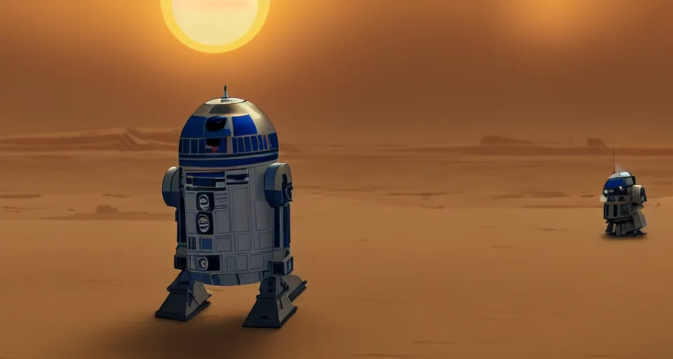 Prompt: beautiful wide shot tatooine landscape obi wan kenobi Luke skywalker R2-D2 in Star Wars a new hope 1977 by studio ghibli, Miyazaki, studio ghibli, Jean girard, Moebius , animation, golden hour, highly detailed, 70mm