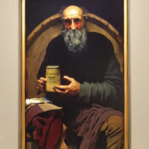 Prompt: Portrait Portrait of Diogenes the Cynic donning hobo costume whilst holding a lanthorn lantern whilst resting in an enormous wine cask winslow homer theodore gericault norman rockwell donato giancola john william waterhouse maxfield parrish mikhail vrubel arkhip kuindzhi astri lohne stained lacquer glaze