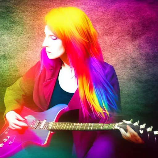 Image similar to woman with rainbow coloured hair playing guitar at the edge of reality, concept art, high quality, moody, colourful