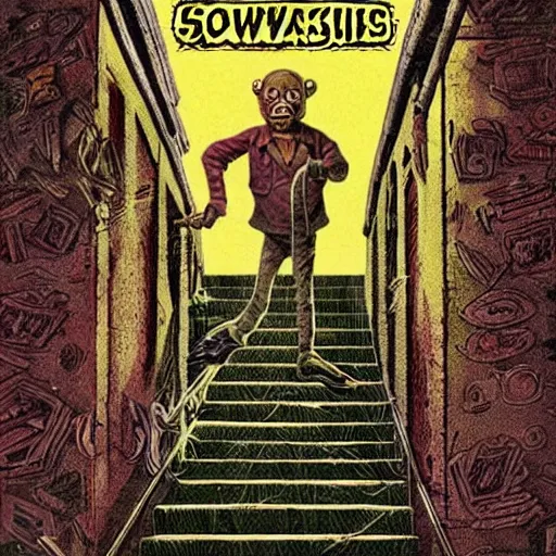 Image similar to goosebumps cover art of zombies on a dark stairway. highly detailed illustration. strong shadows. pulp horror art