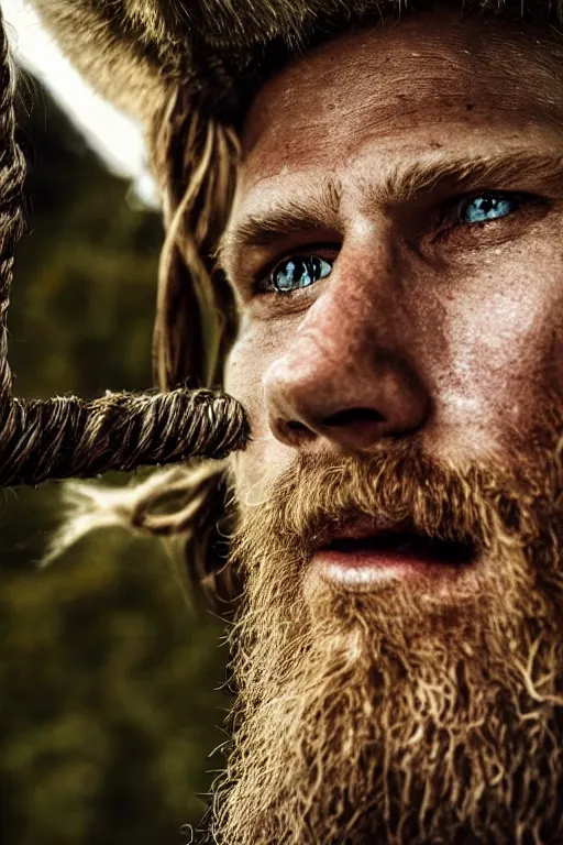 Prompt: a realistic photograph of a rugged viking man celebrating in valhalla, highly detailed, portrait, close - up,