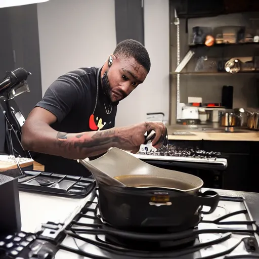 Prompt: curtis roads as a drill rapper cooking up in the studio, high quality press photo