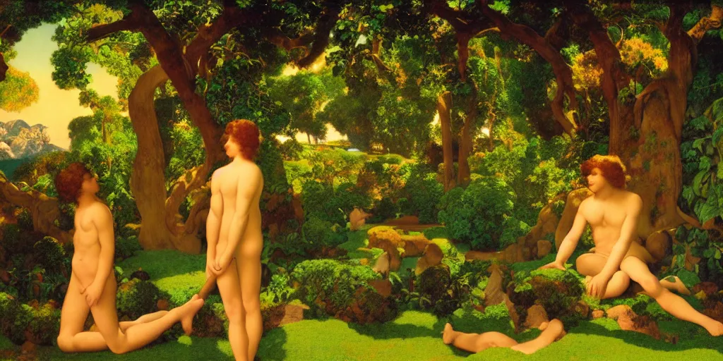 Image similar to !dream a landscape of the Garden of Eden by Maxfield Parrish, digital art 8k