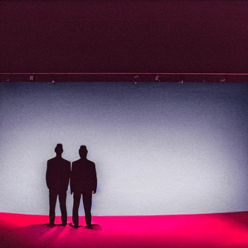 Image similar to Two male silhouettes on an empty theatre stage, polaroid picture, colour, bright