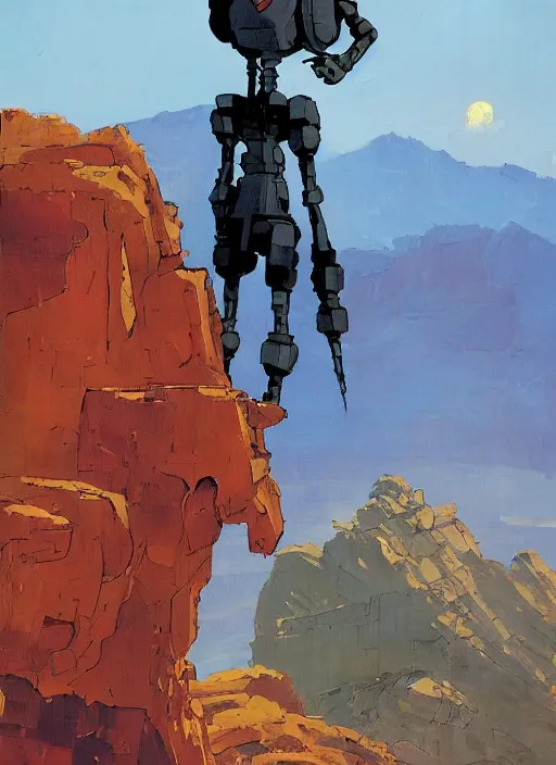 Prompt: The Iron Giant (1999) weapon on a ready looking determined overlooking a Afghanistan mountains background, full face portrait composition by Ashley Wood, Yoji Shinkawa, Jamie Hewlett, 60's French movie poster, French Impressionism, vivid colors, palette knife and brush strokes,